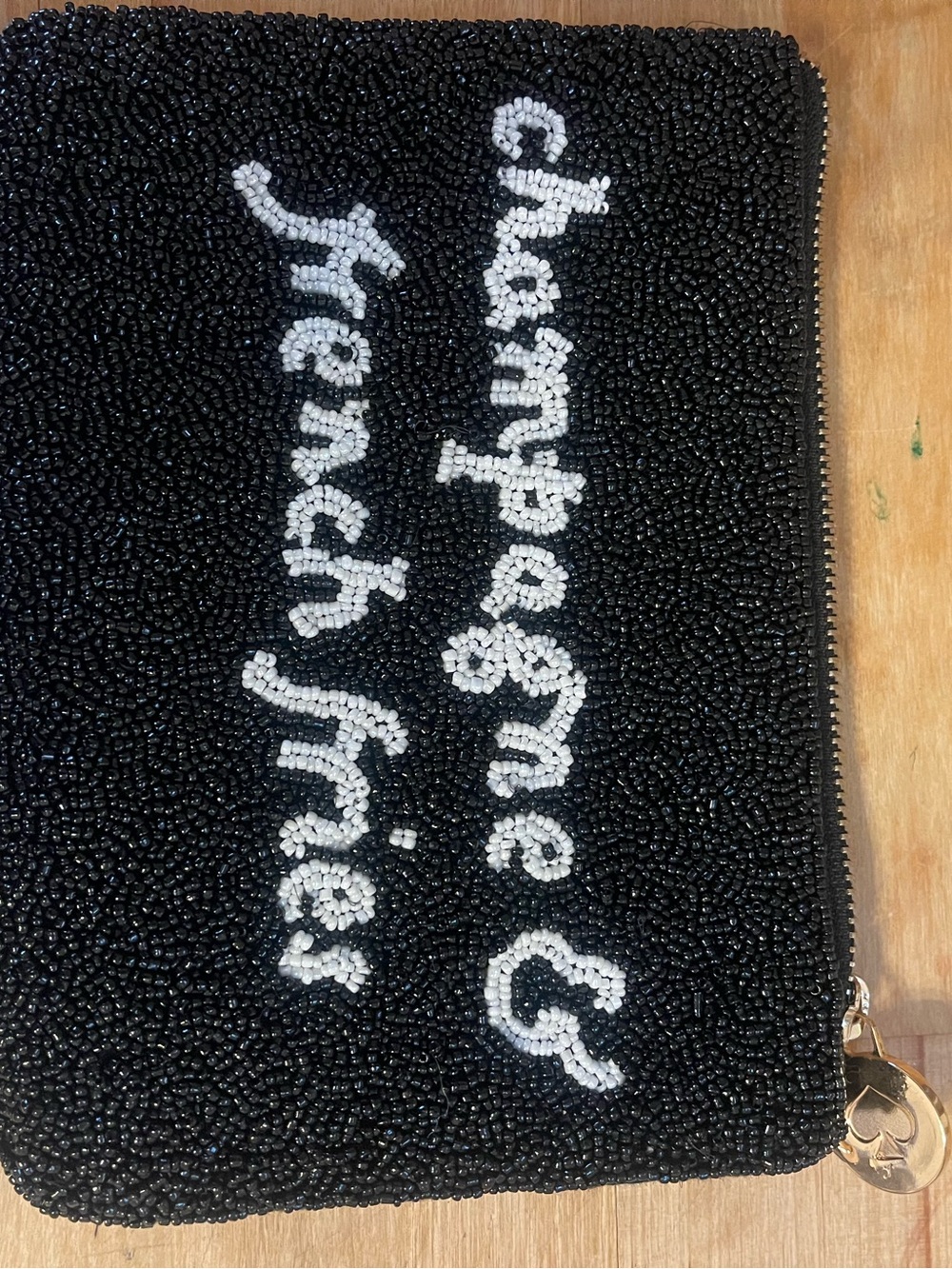 Kate Spade Beaded Black & White Zip Pouch - 'Champagne & French Fries'